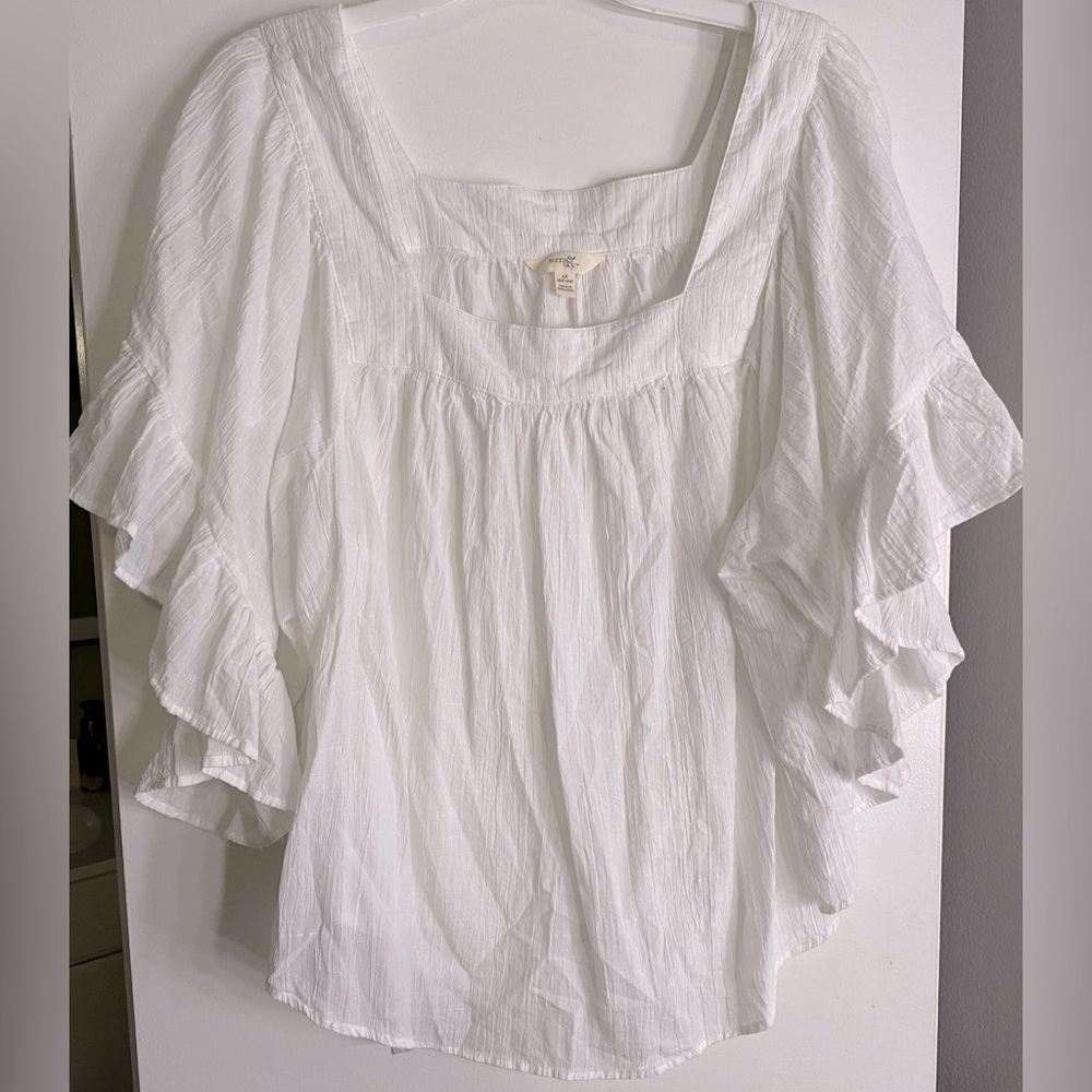 Terra & Sky Ruffle Sleeve Blouse- White Sz:1x